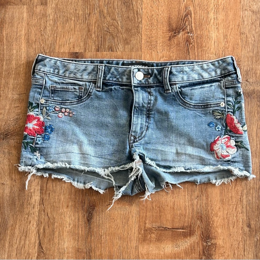 Express Denim Cutoff Shorts with Red & Blue Floral Embroidery